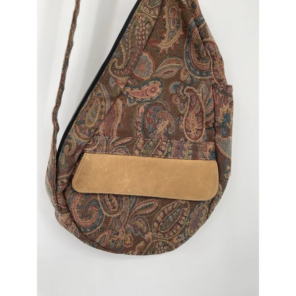 LL Bean Vintage‎ Tapestry Leather Trim Sling Backpack